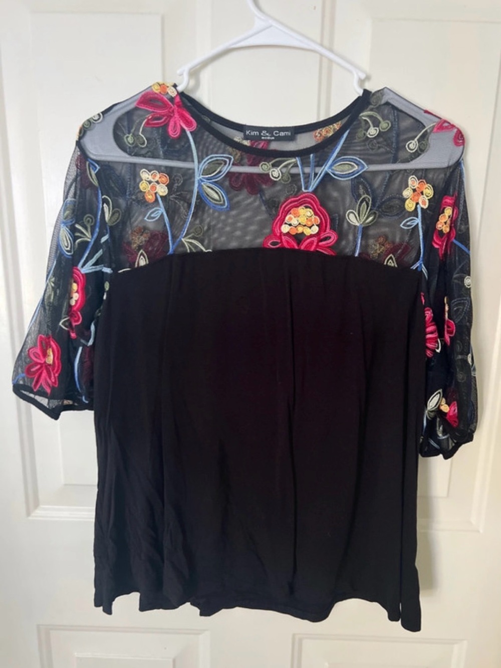 Kim & Cami Black Short Sleeve Top with Colorful Embroidered Mesh Yoke